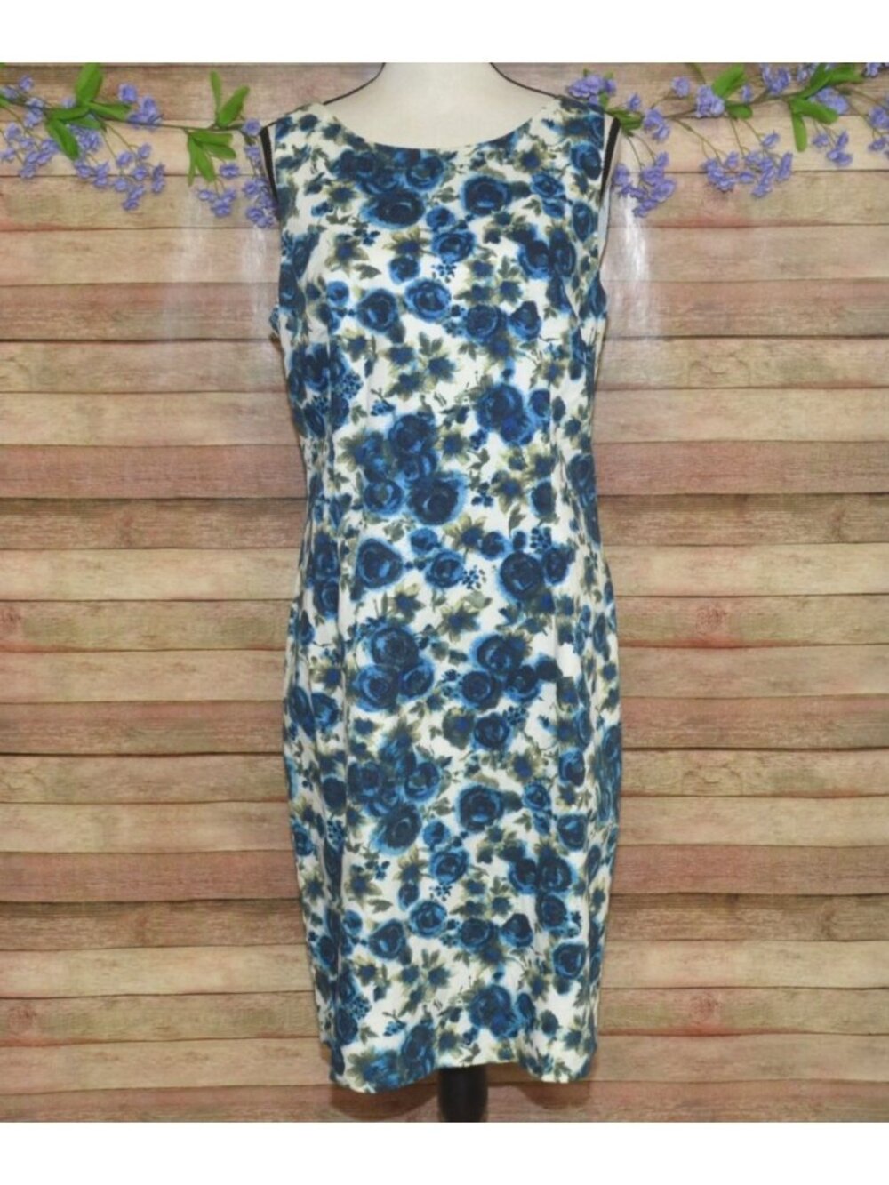 Ann Taylor Blue Floral Sleeveless Sheath Dress Womens 12 Career Classic
